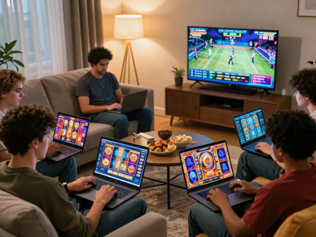 Players enjoying slot games in an inviting living room setting with colorful screens.
