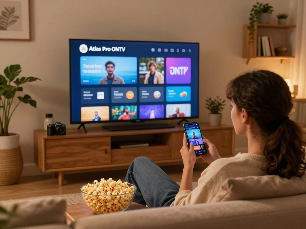 Une personne utilisant l'application Atlas Pro sur un smartphone dans un salon confortable, montrant le divertissement à domicile.