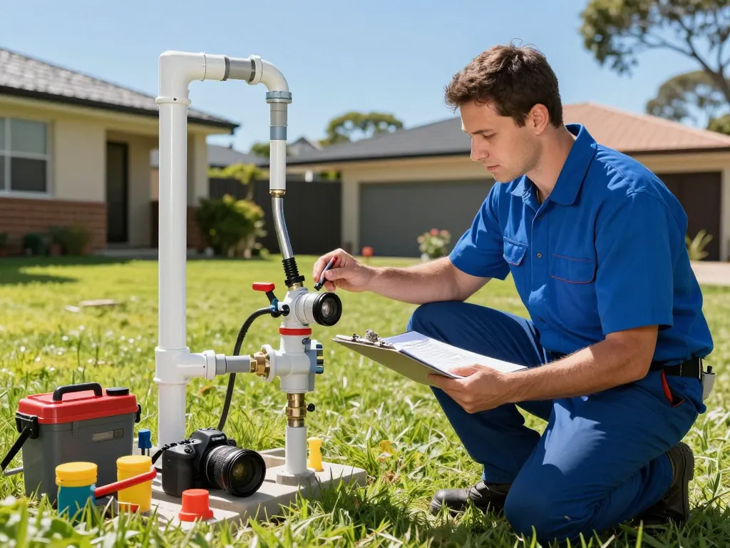Plumber performing backflow prevention inspection at a Sydney home, ensuring water safety.