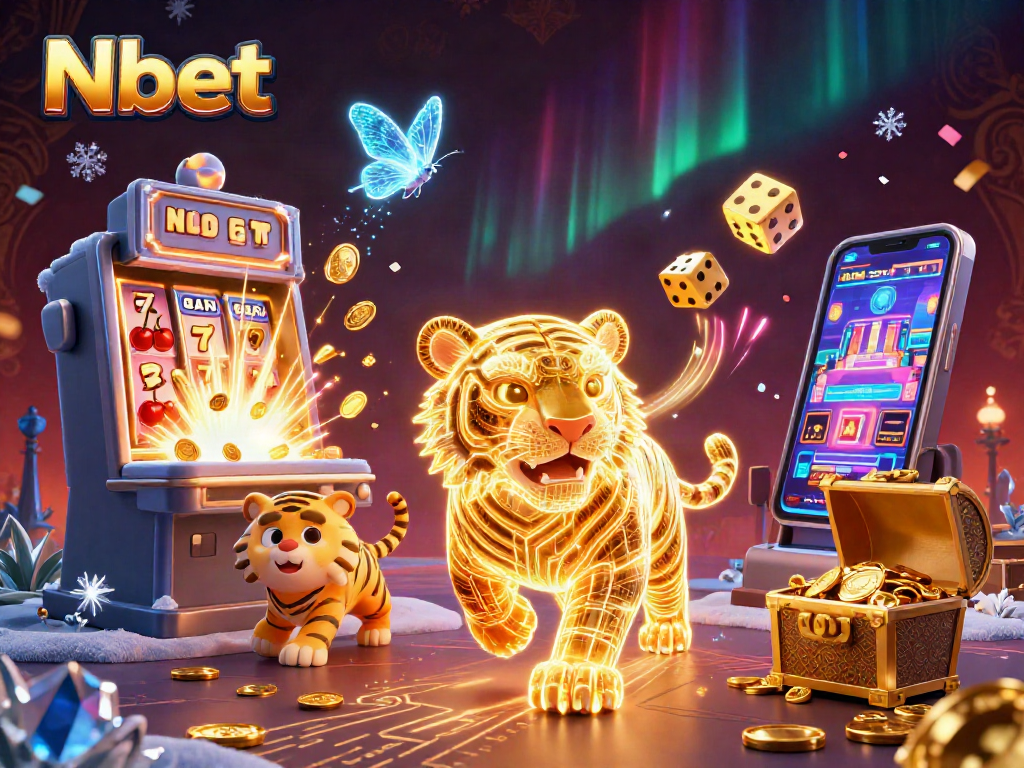 Nbet showcases a neon-wireframe golden tiger in a rich digital casino, epitomizing gaming excitement