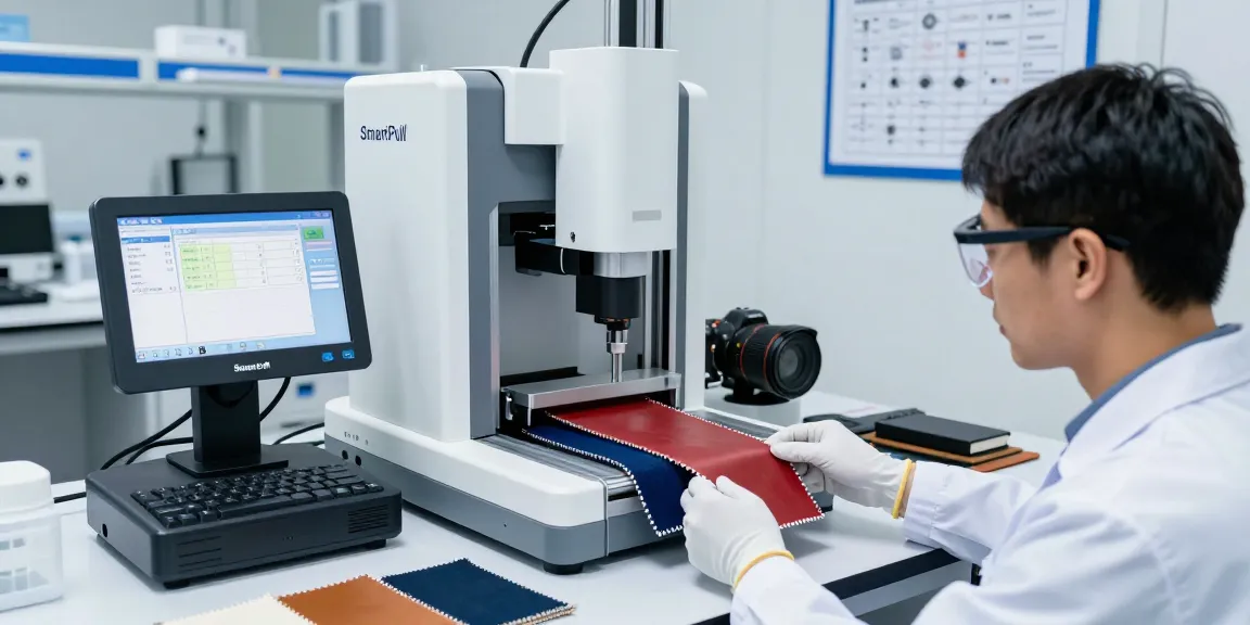 Testing tensile strength using a SmartPull tensile strength tester in a high-tech lab with real-time data display