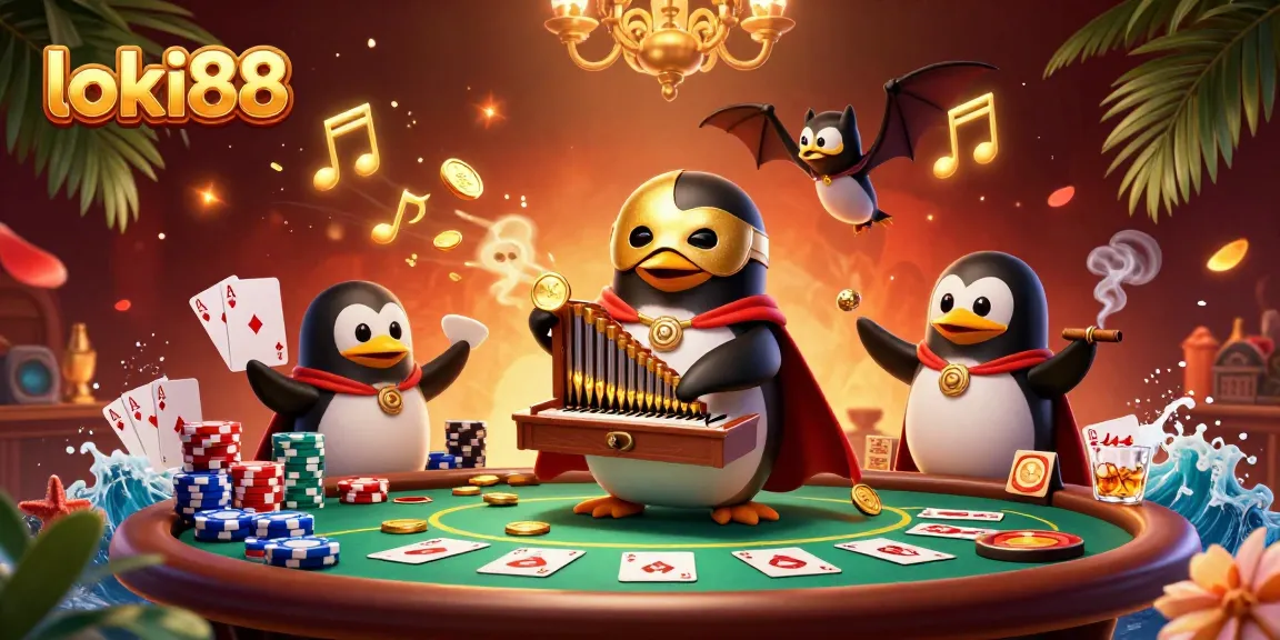 Experience loki88 action with a vibrant casino scene featuring a penguin and acrobat.