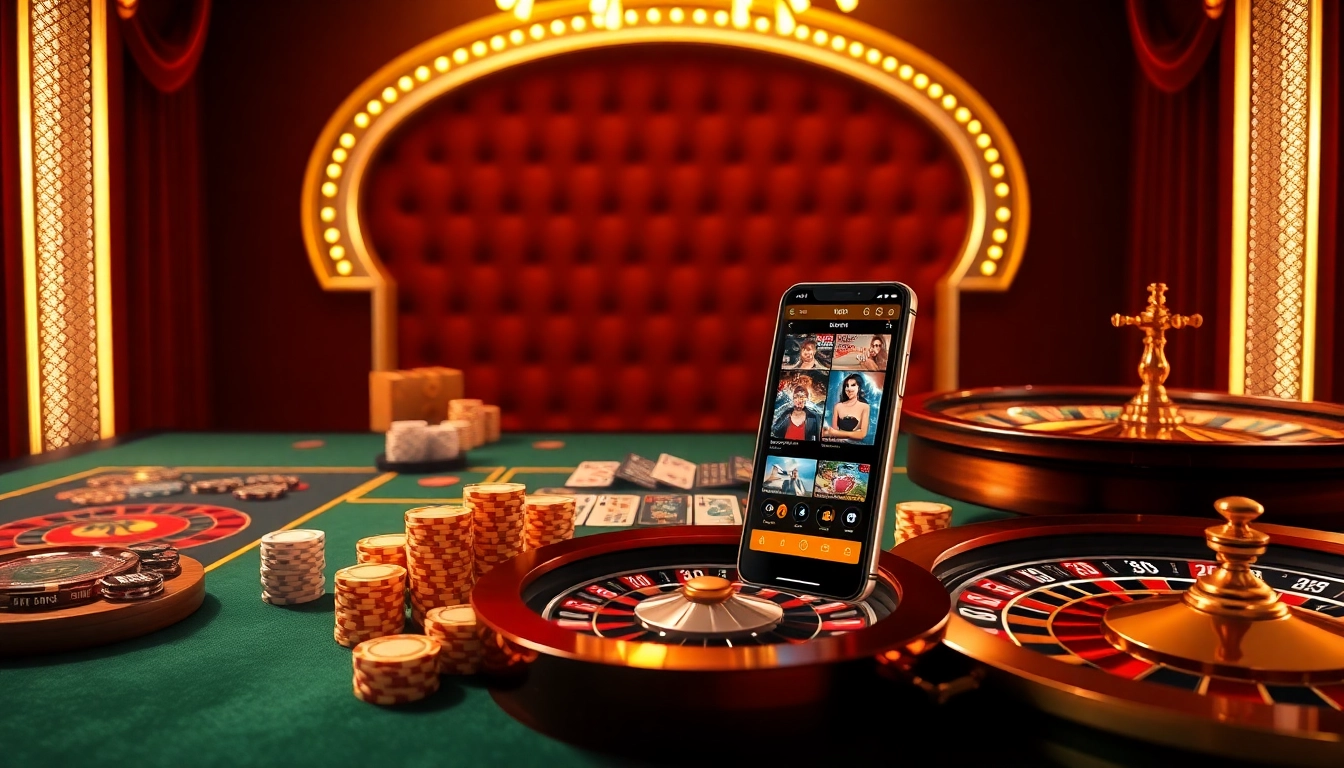 IWIN68 gaming scene with luxurious casino elements featuring poker chips and a roulette wheel.