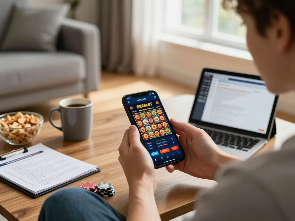 Player enjoying OKESLOT on smartphone, relaxing in modern home setup with snacks.