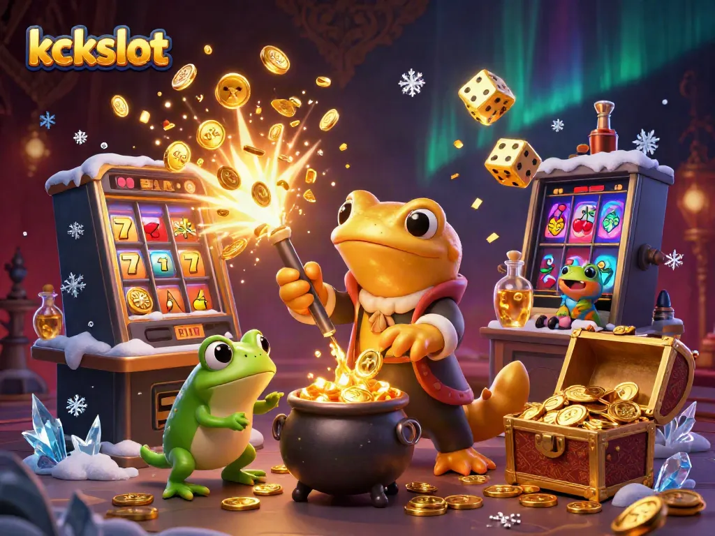 Kckslot menghadirkan ilustrasi alkimia di laboratorium dengan karakter menarik dan mesin slot berkilau.