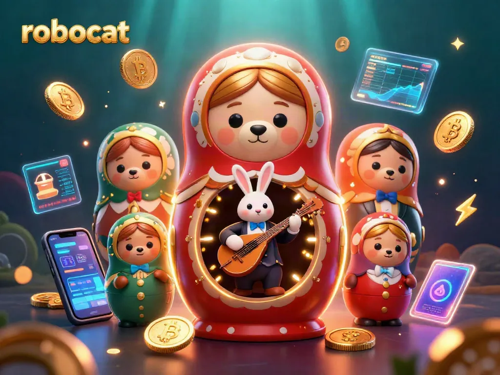 Engage with robocat's vibrant 3D casino scene showcasing energetic characters and glowing crypto elements.