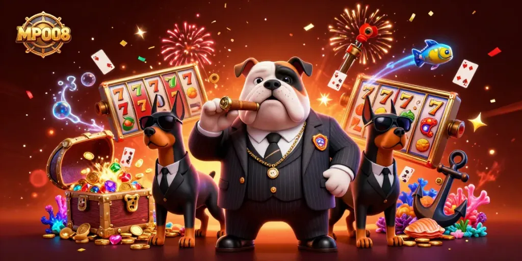 MPO08 showcases an energetic scene with a mafia bulldog and Doberman bodyguards amidst vibrant slot reels and lavish treasure.