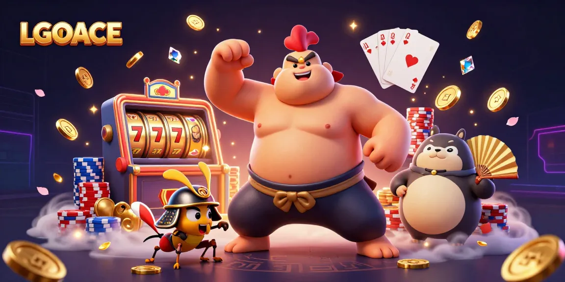 LGOACE showcases a powerful sumo wrestler rooster surrounded by thrilling slot game elements and golden rewards.