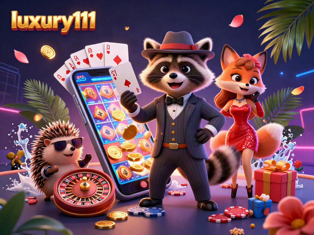 Luxury111 illustration depicting a raccoon in a suit playing cards, set against a vibrant casino backdrop.