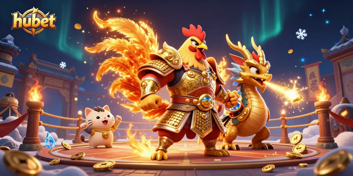 hubet brings excitement alive with a fiery rooster warrior and dragon in a vibrant gaming arena.