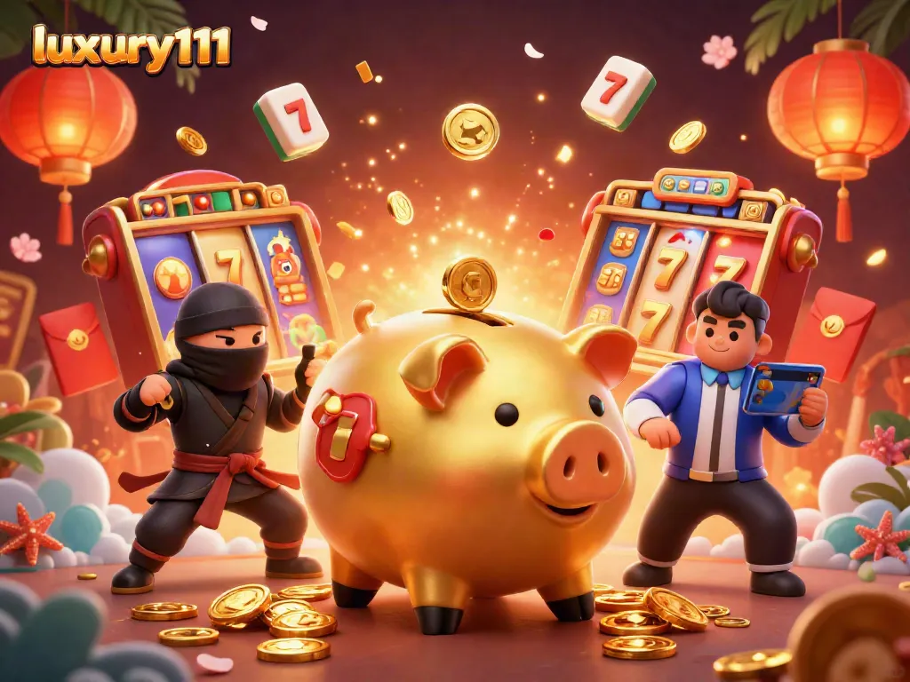 Experience luxury111's thrilling slots with dynamic characters and gold coins in action.