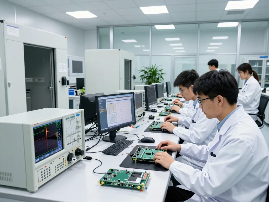Engineers conducting EMC Testing in a high-tech lab, showcasing advanced equipment and collaborative atmosphere.