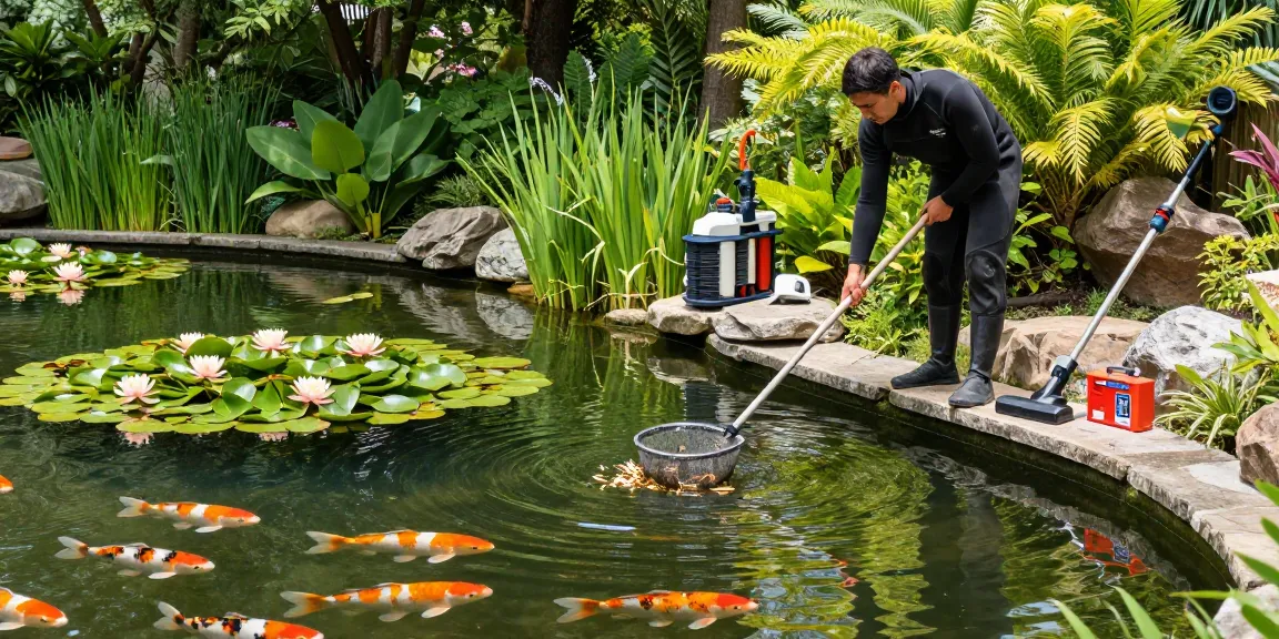 Professional Pond Cleaning Essex expert cleaning a crystal-clear pond, showcasing tools and vibrant nature.