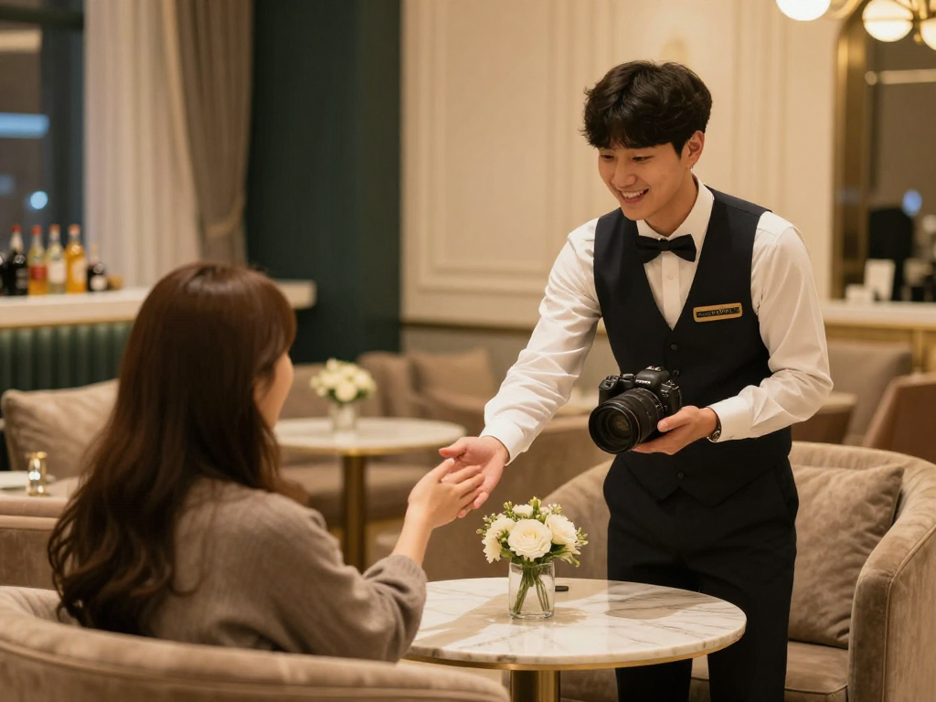 천안오피에서 따뜻한 분위기의 편안한 공간에서 손님을 맞이하는 남성과 아늑한 환경을 보여주는 이미지.