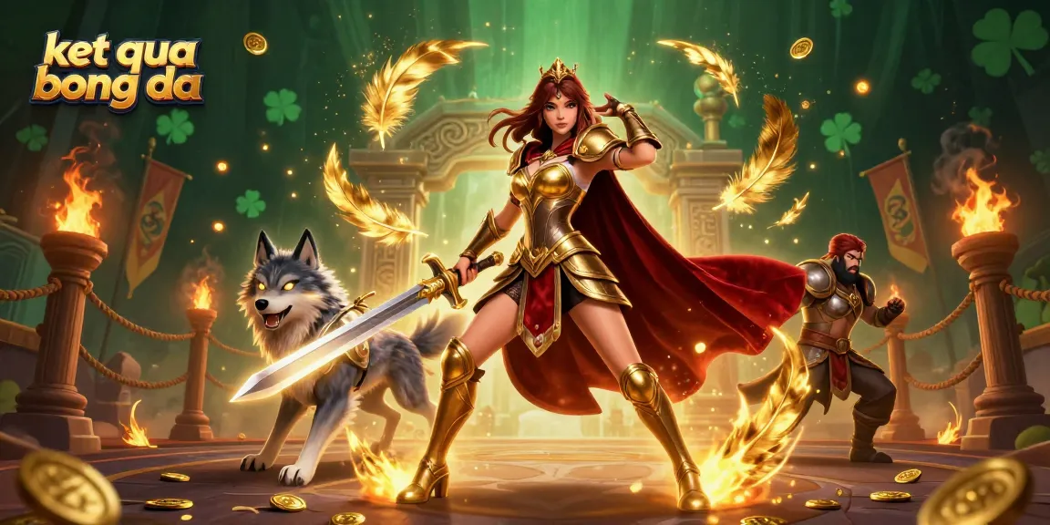 Engage in ket qua bong da with a stunning warrior queen in golden armor and an armored wolf in a vibrant casino arena.