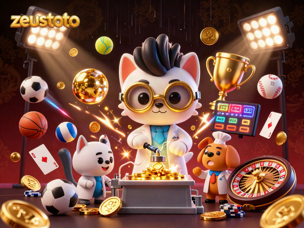 Engage with zeustoto through an exhilarating scene featuring a mad scientist cat and dog in a vibrant casino lab.