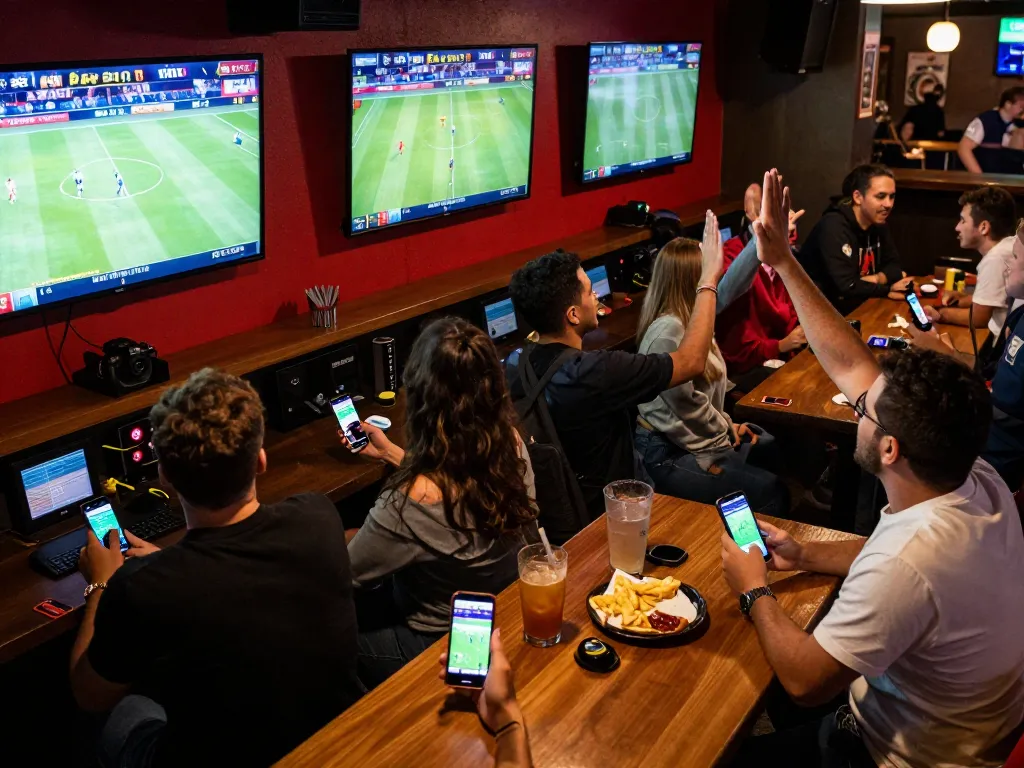 Exciting sports betting scene at a bar showing TG88 betting app in use with live games on screens.