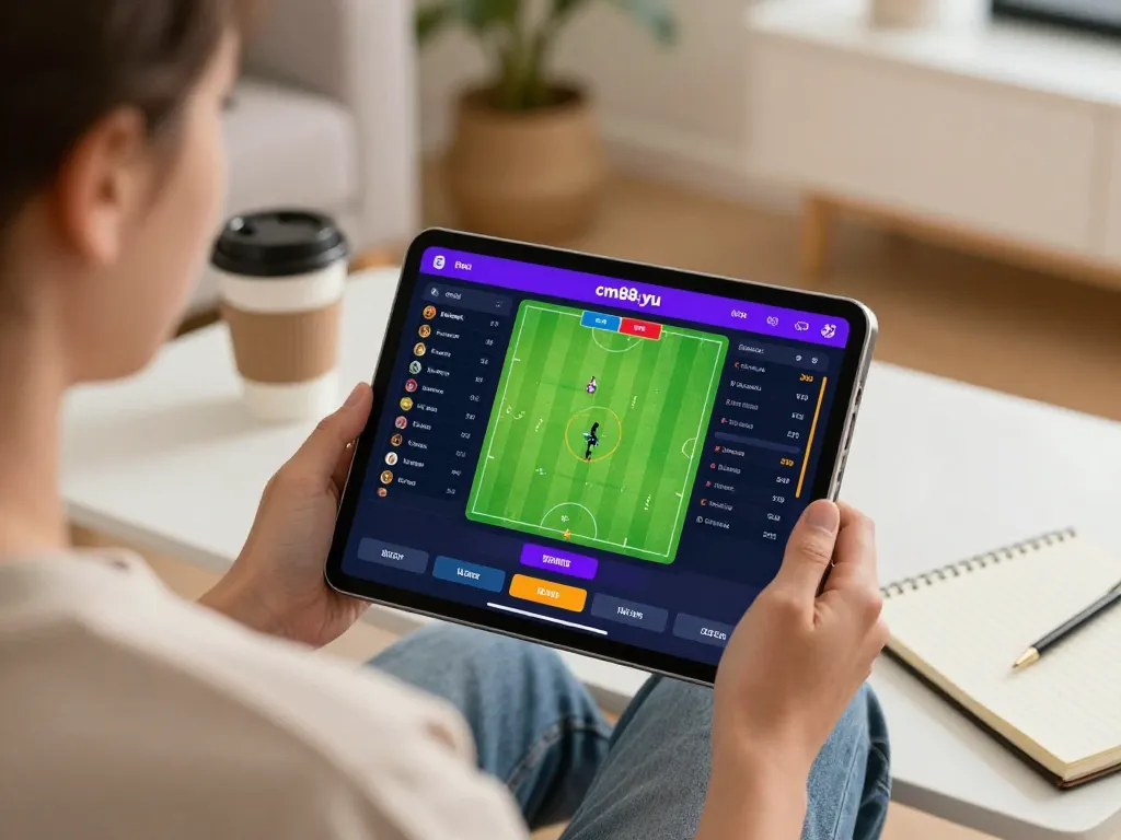Engaging in sports betting with cm88-yu via tablet, showcasing strategies in a cozy home setting