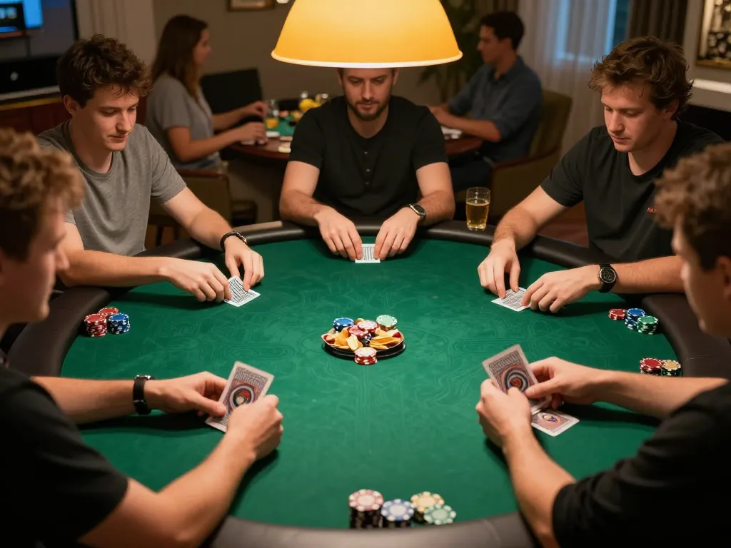 Players enjoy strategic poker gameplay at home, engaging with 77789vip in a lively atmosphere.