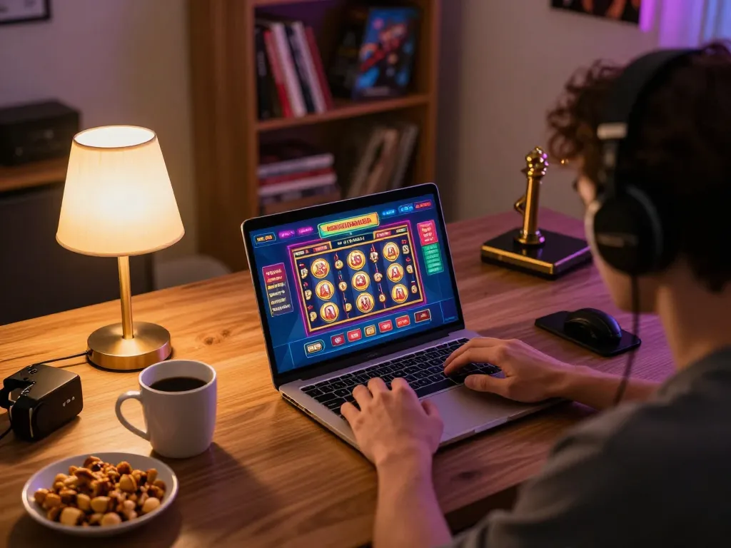 uu88 gaming excitement with a player focused on online slots and blackjack in a cozy home setup