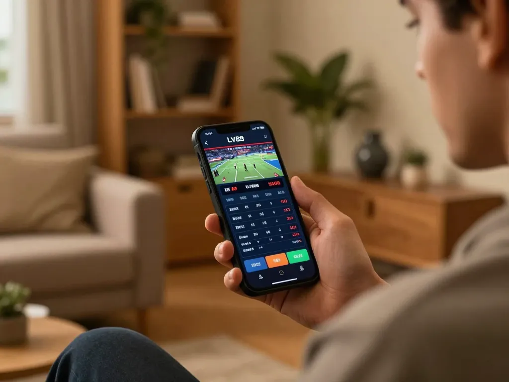 Online player reviewing sports odds on LV88 mobile app while enjoying a cozy home setting.