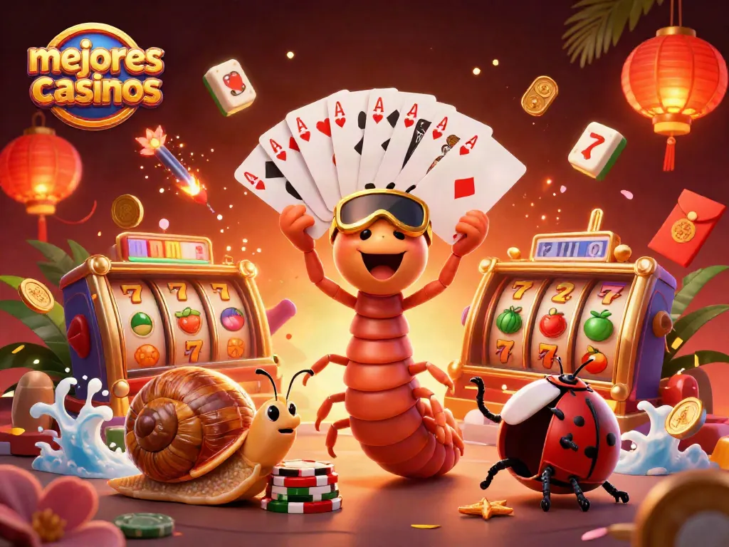 Los mejores casinos presentan un emocionante dealer de milpiés y un caracol apostador entre símbolos de fortuna.