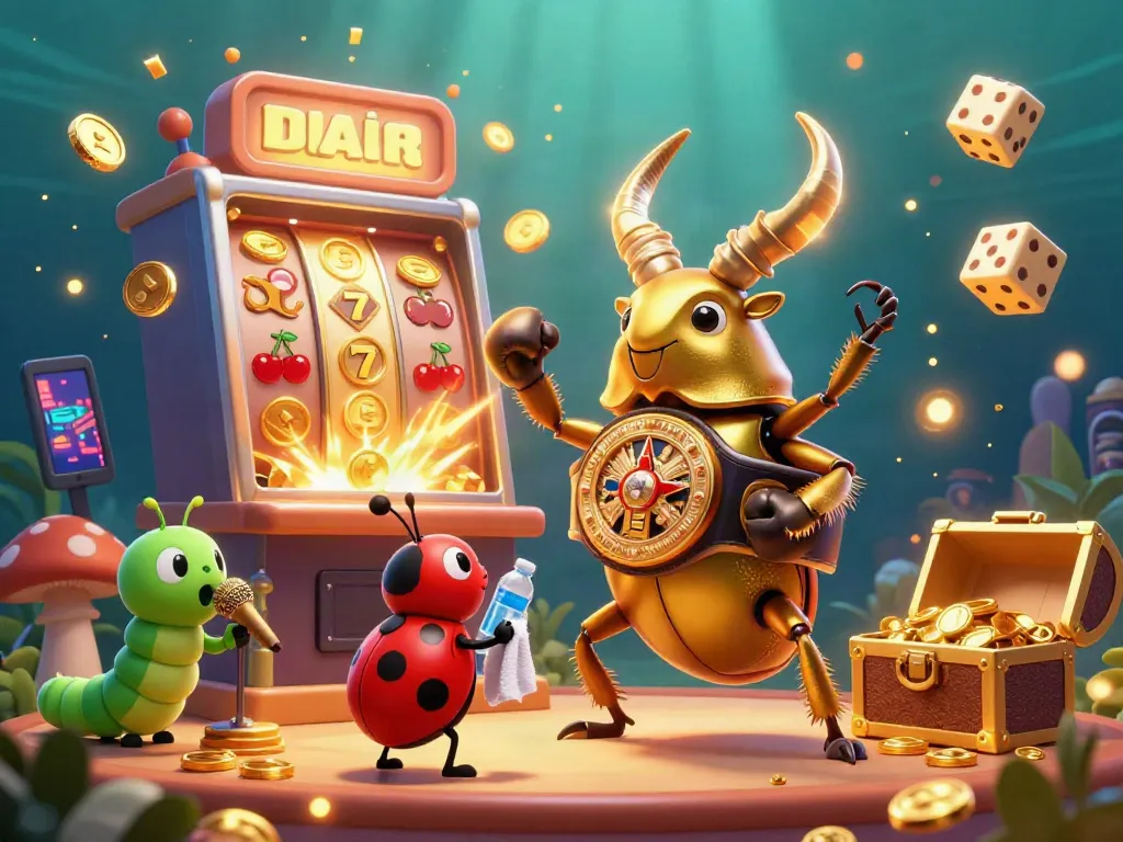 Experience biolabet's thrilling slots with a vibrant 3D illustration of a golden beetle and game elements.