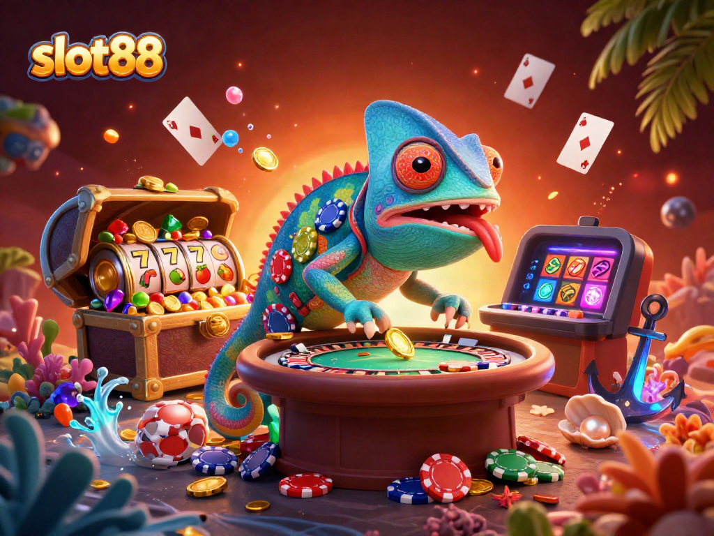 Engaging scene of slot88 gameplay with vibrant chameleon casino owner capturing golden coins.
