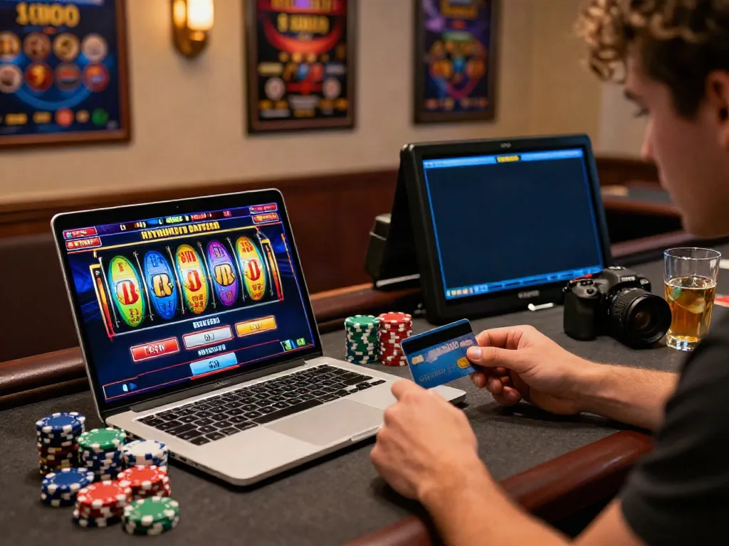Player enjoying online gaming experience at casinos that accept credit cards, colorful slots and casino chips.