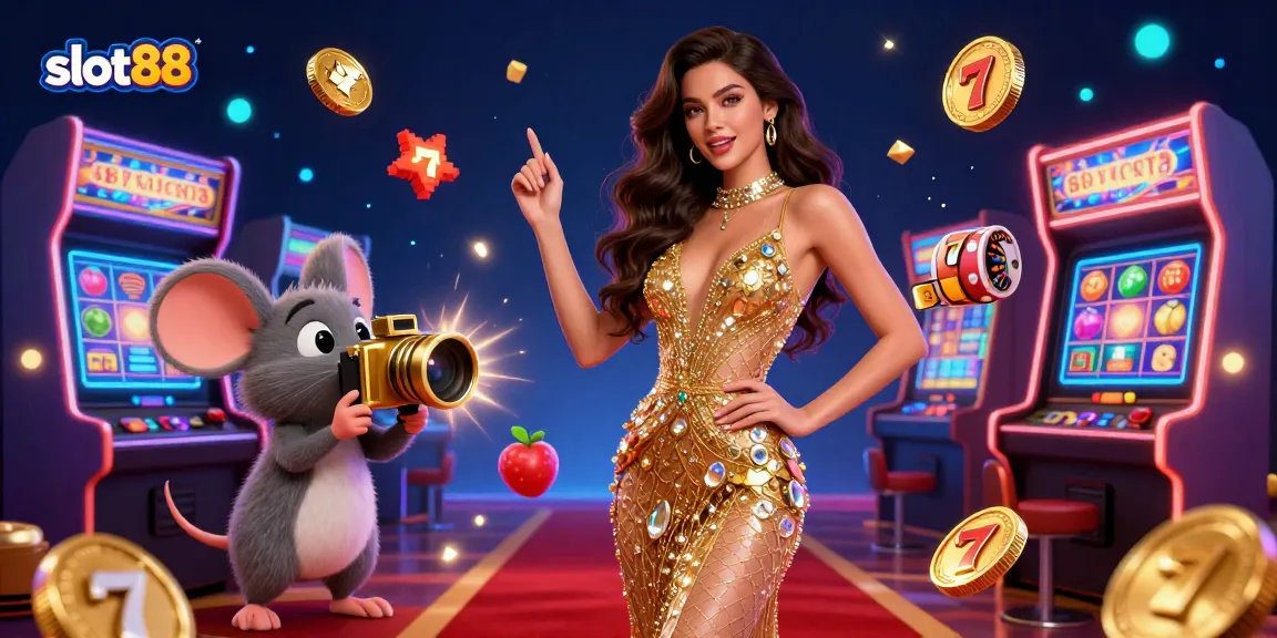 Experience slot88's vibrant atmosphere with a glamorous 3D scene of dynamic slot machines and dazzling characters.
