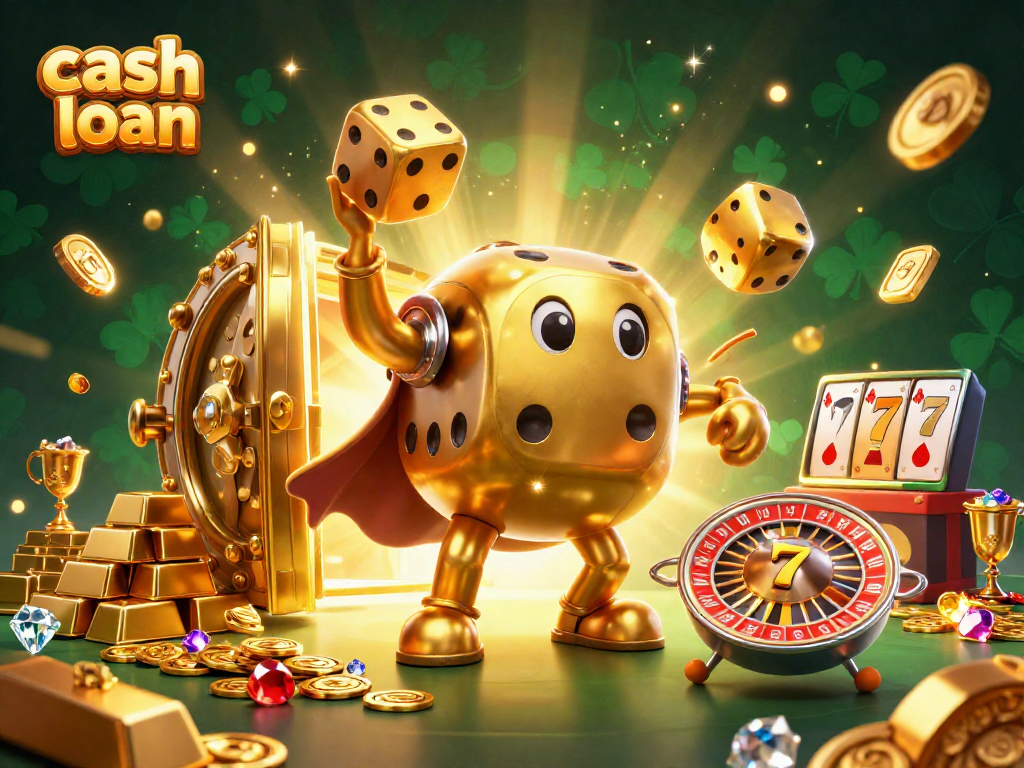 Engage with the thrilling cash loan experience featuring golden dice and jewels in a vibrant casino scene.