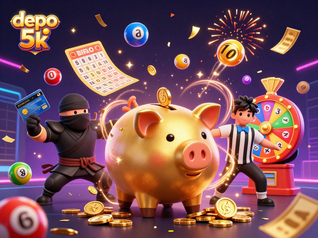 Engage with the thrilling world of depo 5k as the golden sumo wrestler shakes loose coins in a colorful casino scene.