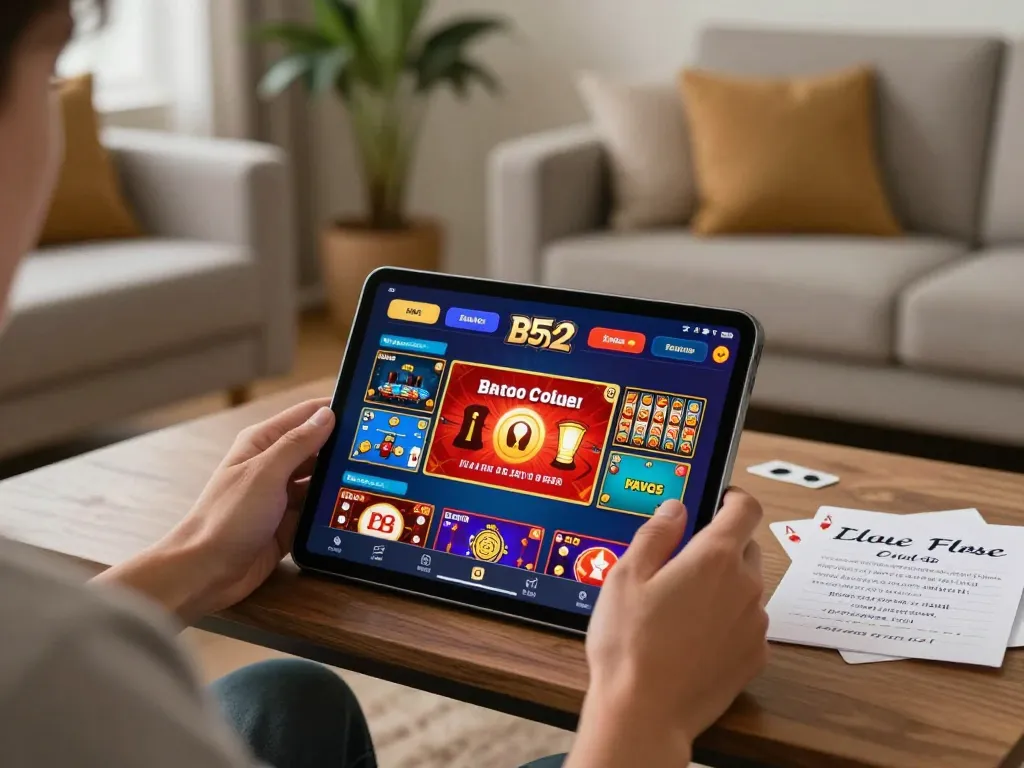 B52 club app being used by a player in a cozy home setting, showcasing vibrant online gaming.