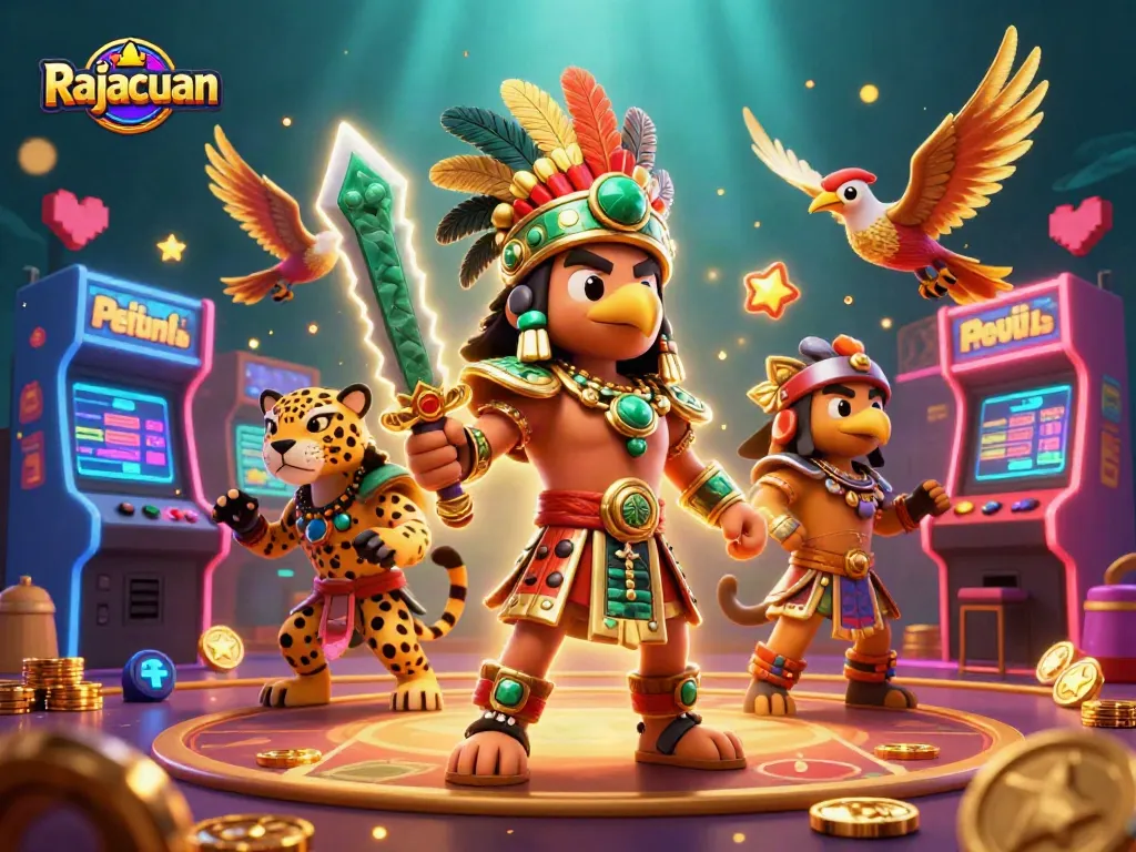 Play exhilarating casino games with Rajacuan, featuring dynamic Aztec characters and vibrant gaming elements.