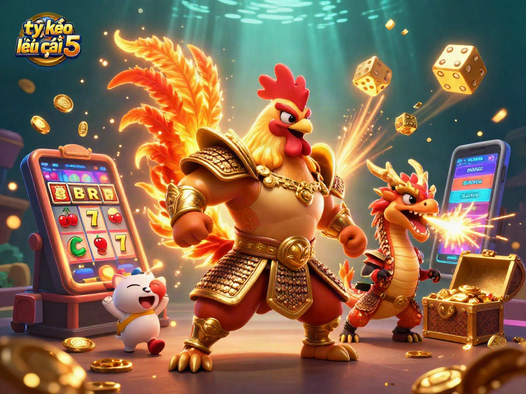 Interact with tỷ lệ kèo nhà cái 5 in a vibrant casino scene featuring a dynamic rooster warrior and an armored dragon.