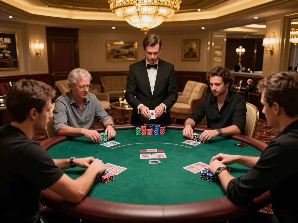A thrilling B52 poker game in an upscale casino environment, players engaged and strategizing.