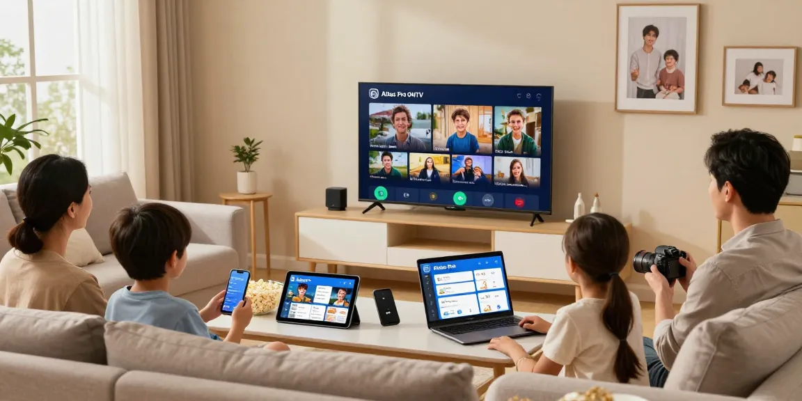 Famille engagée profitant du streaming IPTV avec Atlas Pro ONTV dans un cadre de salon confortable.