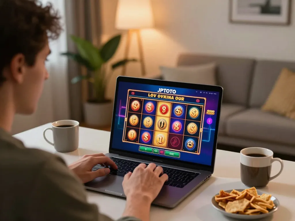 Engaging with JPTOTO online slots during a cozy home gaming session with modern decor.