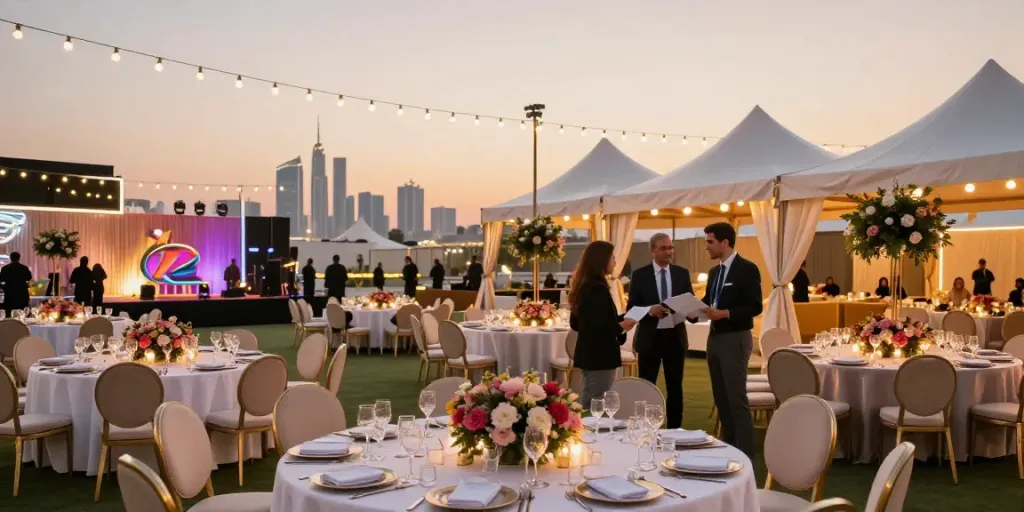 Event rentals displayed in a luxury outdoor setting with elegant decor and seating arrangements.