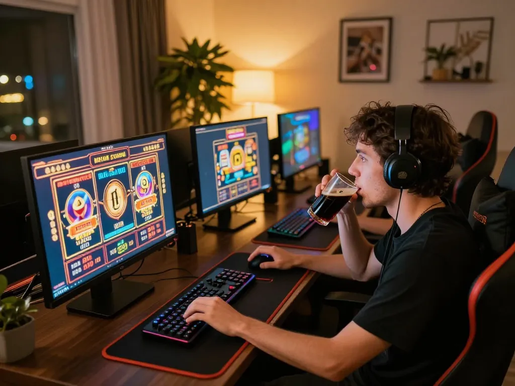 iWin user enjoying an exciting slot game session at home, showcasing modern gaming setup and a cozy atmosphere.