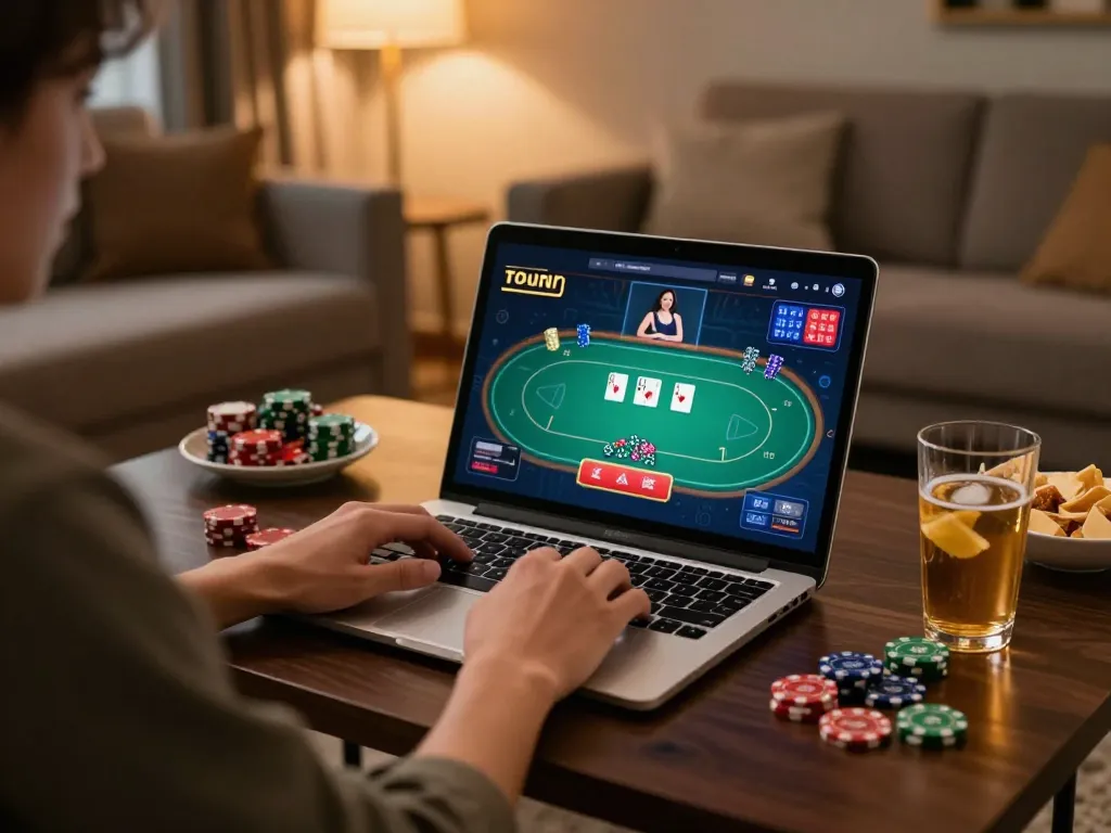 Player engaged in an intense poker game on 92slot at home, capturing exciting online gambling action.