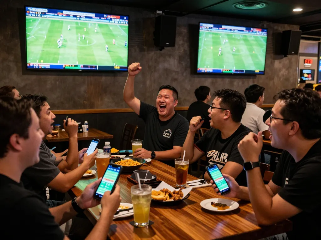 Kèo nhà cái displays on smartphones during a thrilling sports betting event in a lively bar