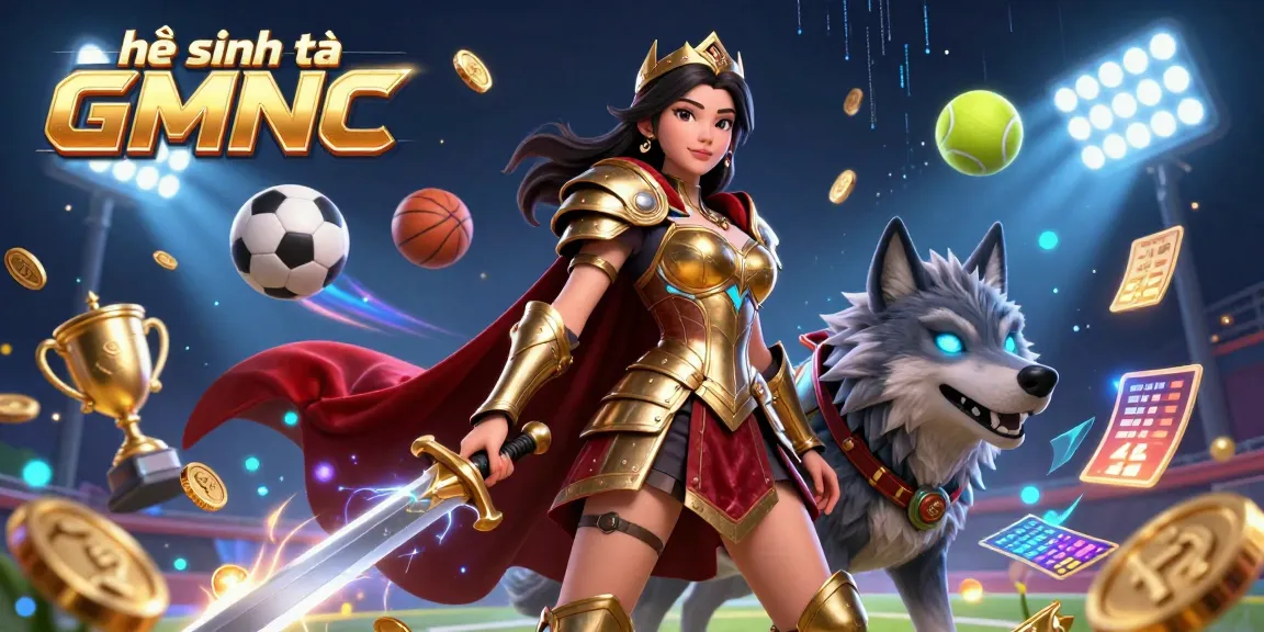 Engage with the dynamic world of hệ sinh thái GMNC featuring a warrior queen, glowing wolf, and vibrant sports elements.