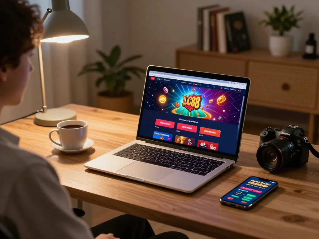Experience engaging online gambling with LC88 interface in a cozy home setup.