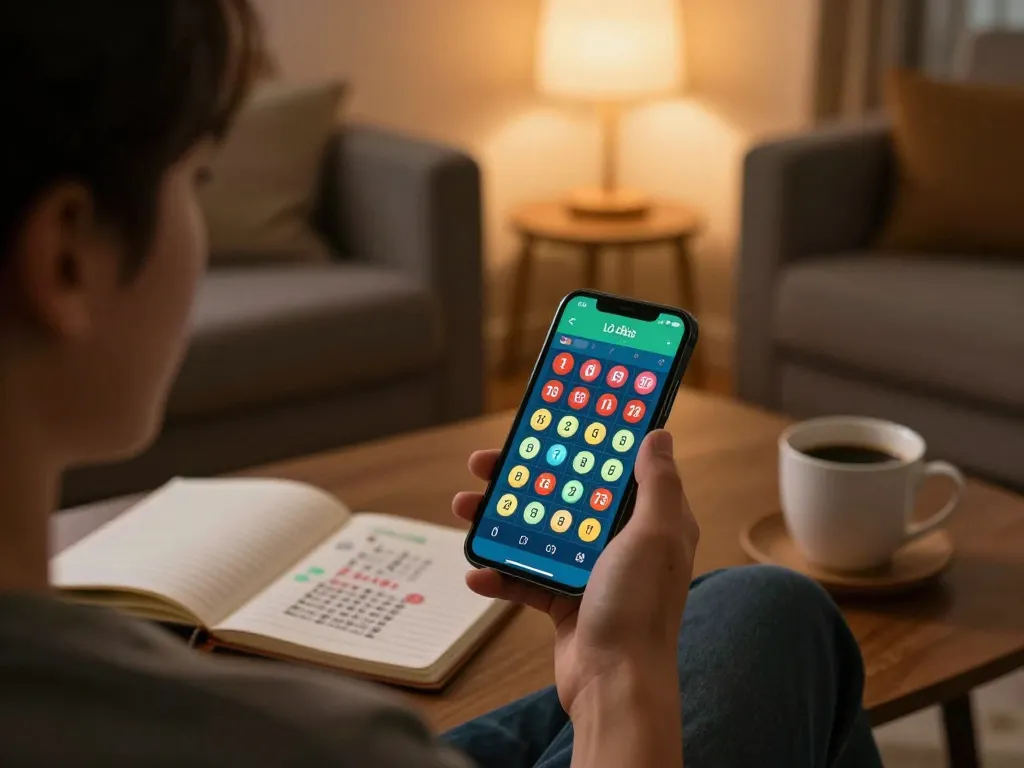Person engaging with online lô đề app in a cozy home setting, representing responsible gambling