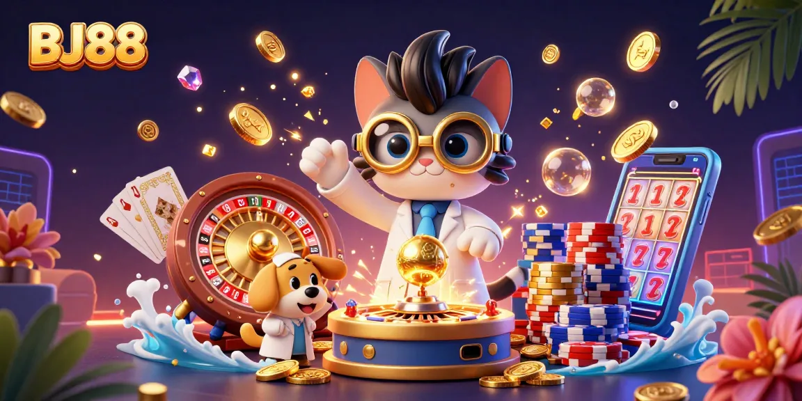 Spin lively casino action with BJ88 as a mad scientist cat creates gold coins in a vibrant 3D scene.