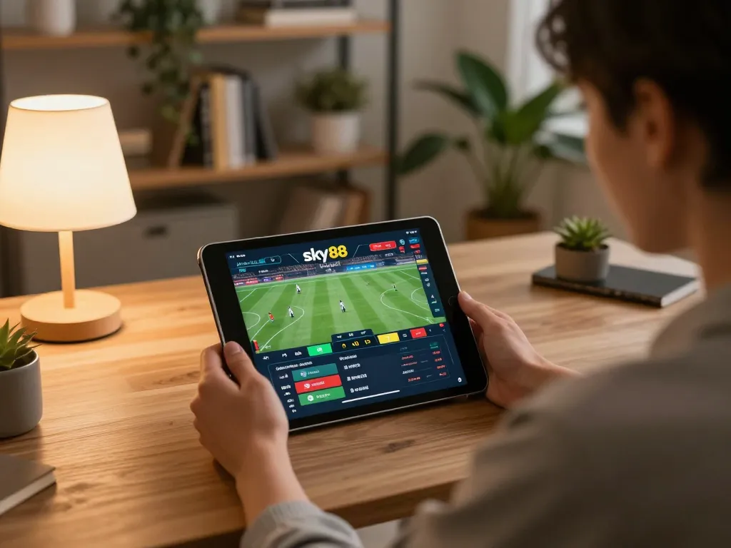 Engaging in a live sports bet on Sky88 using a tablet in a modern home setting.