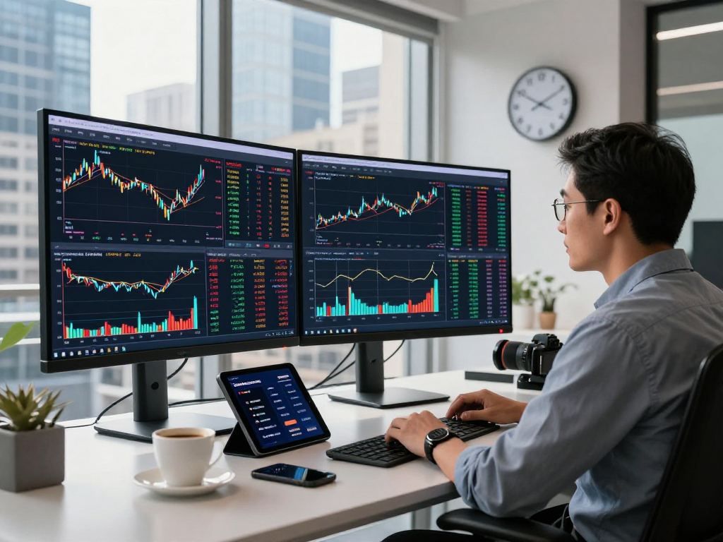 TradingView官网界面中的交易者分析市场图表，现代办公环境充满活力。