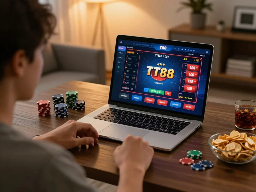 Engaging in TT88 online casino gameplay on a laptop in a cozy home office.