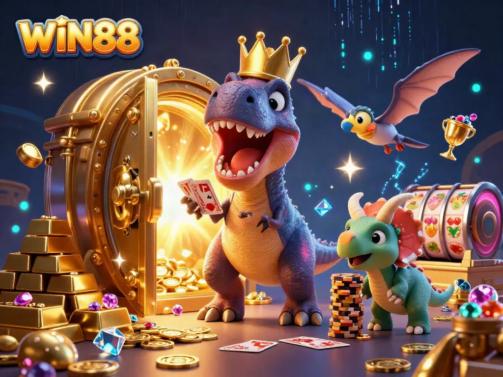 Engage in the WIN88 casino world with playful dinosaurs amidst golden treasures and slot reels.